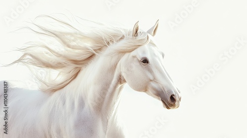  a white horse with its mane blowing in the wind against a white background