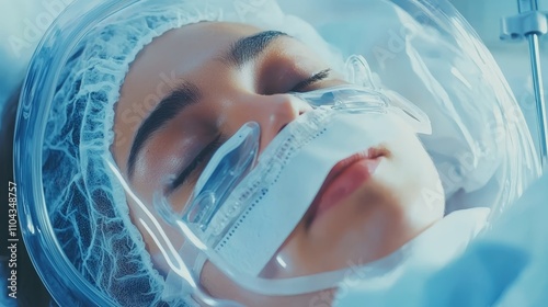  a woman in a hospital bed wearing an oxygen mask and a cap on her head She is lying on a white surface and there is a stand on the right side of the image