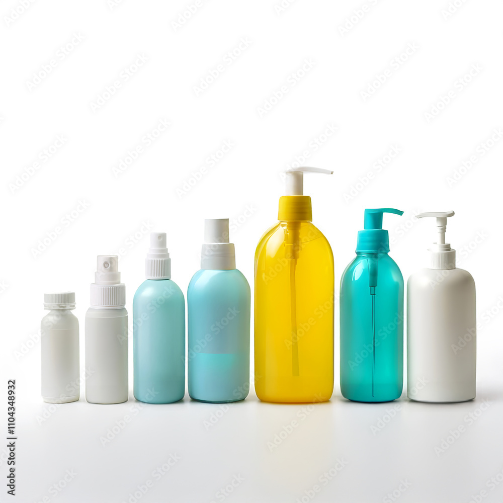 Different bottles arranged in a linear alignment on a plain white background, showing a commercial style Different bottles arranged in a linear alignment on a plain white background, showing a commercial style