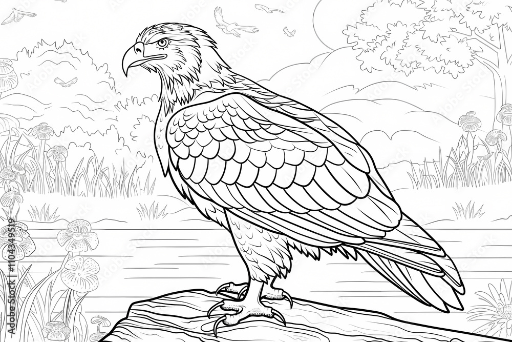 Fototapeta premium A majestic eagle perched on a rock, showcasing its detailed feathers and sharp gaze against a serene natural backdrop.