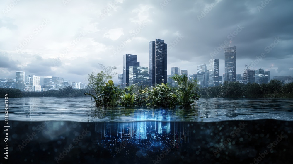 Obraz premium Innovative urban solutions for rising sea levels smart city futuristic landscape water-logged environment digital viewpoint