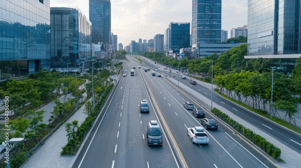 Urban traffic flow and smart city design downtown area aerial view modern infrastructure autonomous vehicle integration Urban traffic flow and smart city design downtown area aerial view modern infrastructure autonomous vehicle integration