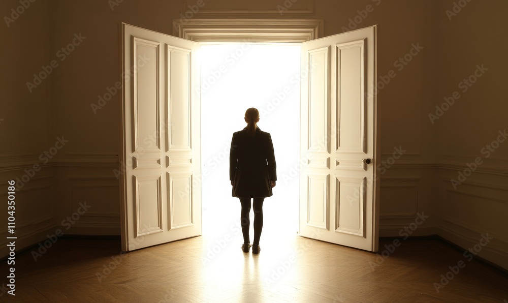 A person steps into a brightly lit room through open double doors, symbolizing a journey or new beginning. A person steps into a brightly lit room through open double doors, symbolizing a journey or new beginning.