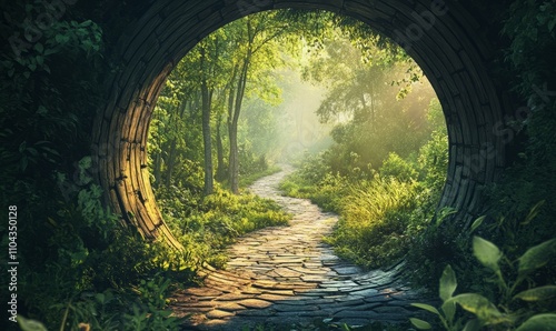 A cobblestone path leads through a lush green forest, seen from a circular tunnel entrance, representing a journey into nature