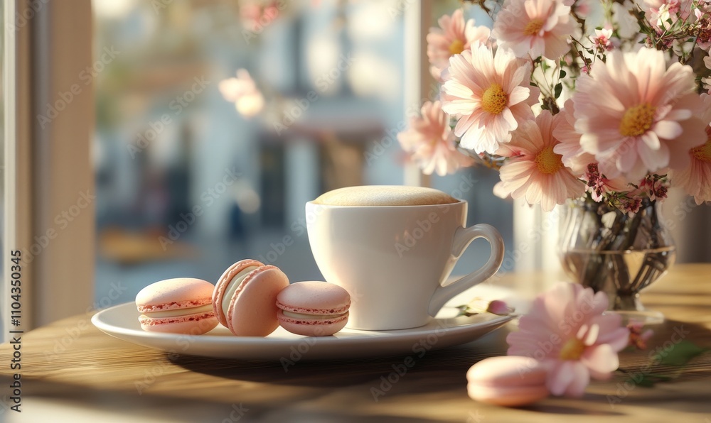 A picturesque cafe corner featuring a cup of cappuccino and a plate of macarons, beautifully styled with fresh flowers for a charming afternoon break A picturesque cafe corner featuring a cup of cappuccino and a plate of macarons, beautifully styled with fresh flowers for a charming afternoon break