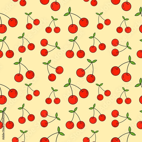 Cherries seamless pattern on yellow background.