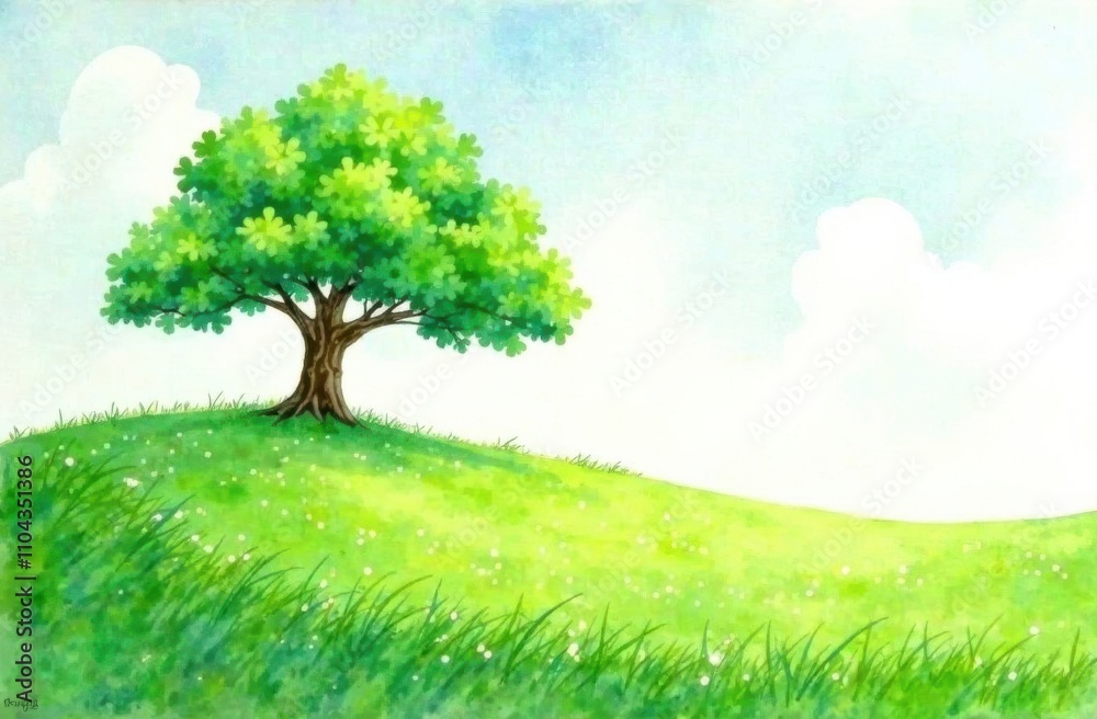 Fototapeta premium A vibrant tree stands alone on a rolling green hill under a bright blue sky filled with fluffy white clouds in a serene landscape. Generative AI