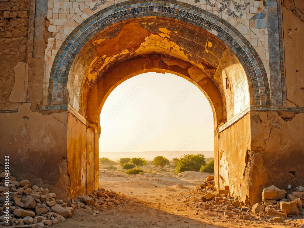 Fototapeta premium A partially ruined arch with faded mosaic details, illuminated by warm golden light, overlooking a serene landscape. Ancient architectural beauty. Generative AI