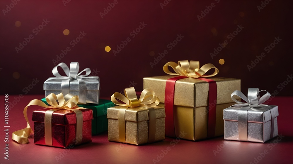 Christmas-themed gift boxes tied with silver and gold ribbons, placed on a plain deep red background with subtle sparkling light accents Christmas-themed gift boxes tied with silver and gold ribbons, placed on a plain deep red background with subtle sparkling light accents