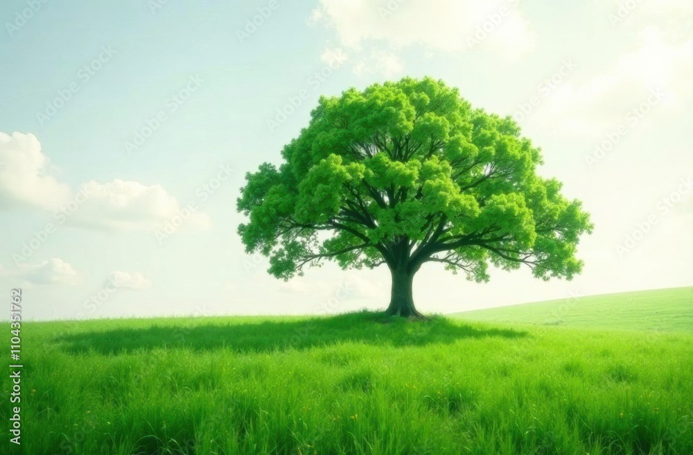 A large green tree rises proudly in the center of a radiant field, surrounded by fresh grass beneath a clear sky filled with soft clouds. Generative AI A large green tree rises proudly in the center of a radiant field, surrounded by fresh grass beneath a clear sky filled with soft clouds. Generative AI