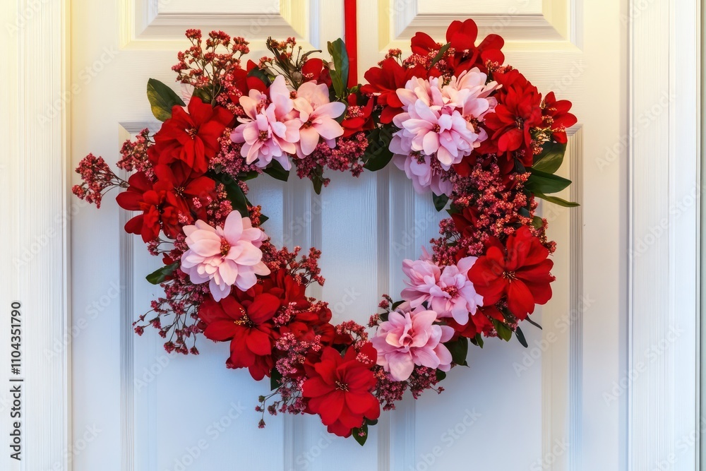 A heart-shaped wreath made of red and pink flowers hanging on a white door, A heart-shaped wreath made of red and pink flowers hanging on a white door,