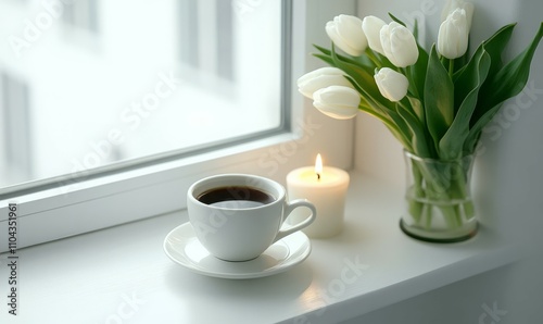 A cup of coffee, white tulips, and a lit candle create a serene, minimalist setup on a white windowsill, evoking calm and relaxation