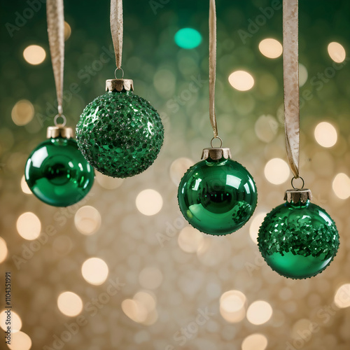 Christmas green decorations hanging on a string, warm bokeh lights in background photo