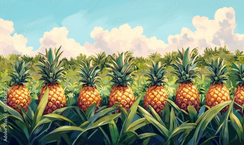 A row of pineapples growing in a field under a sunny sky, with lush green leaves and a tropical landscape behind A row of pineapples growing in a field under a sunny sky, with lush green leaves and a tropical landscape behind