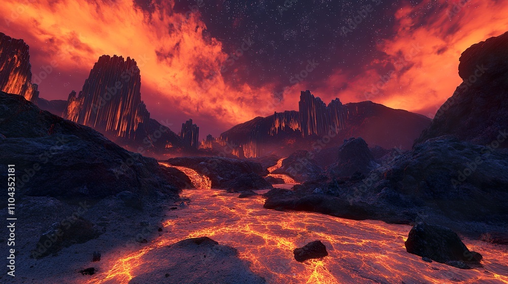 Fiery lava river flows through a volcanic landscape under a dram Stock ...