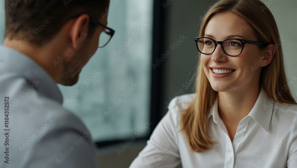 Businesswoman smiling at a colleague in glasses. Businesswoman smiling at a colleague in glasses.
