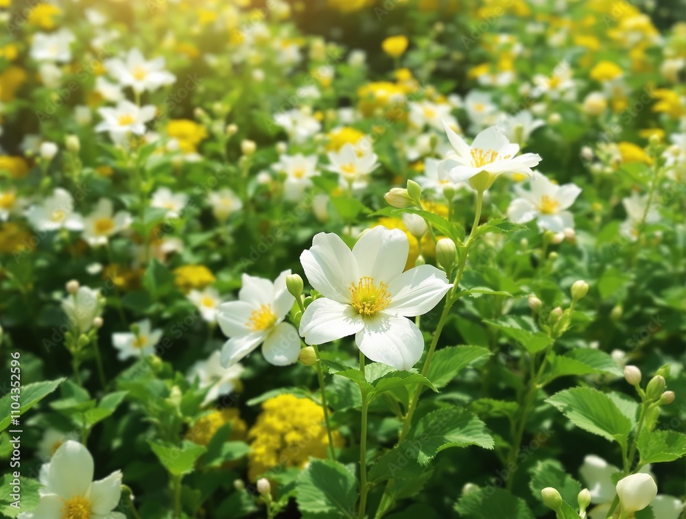 Beautiful white flowers blooming in a garden setting with pops of yellow color, sunny day, delicate petals, natural beauty, sunny display Beautiful white flowers blooming in a garden setting with pops of yellow color, sunny day, delicate petals, natural beauty, sunny display