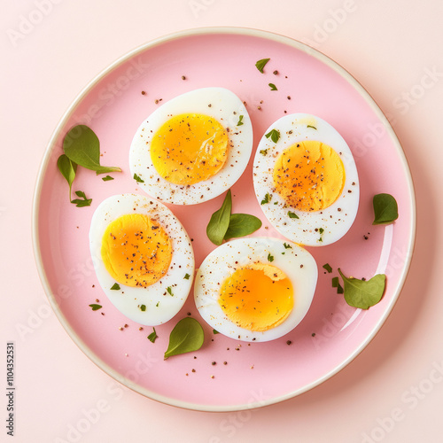  Medium-boiled egg healthy food on pink dish.