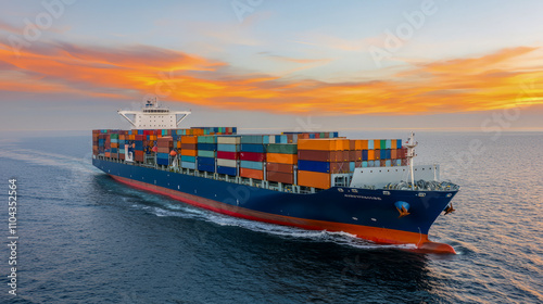 Massive cargo ship on open sea during vibrant sunset