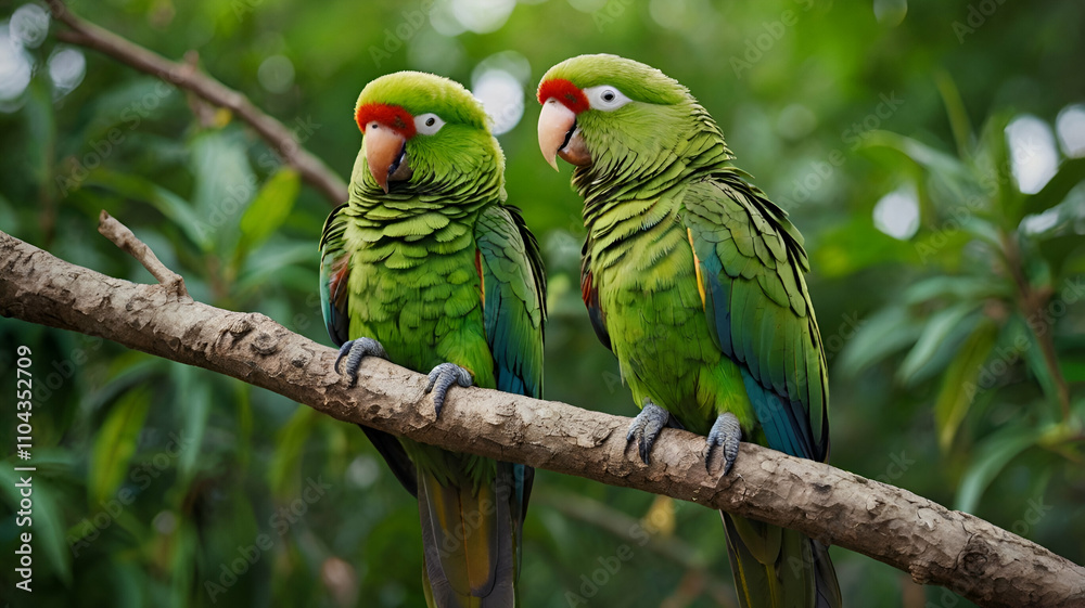 Obraz premium colorful parrots, green parrots, parrots on tree, parrots on branch, parrots in forest, birds, colorful, tropical, wings, beaks, pets, wildlife, feathers