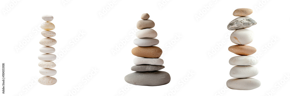 Set of a, A stack of pebbles arranged in balance, isolated on a transparent background. Set of a, A stack of pebbles arranged in balance, isolated on a transparent background.