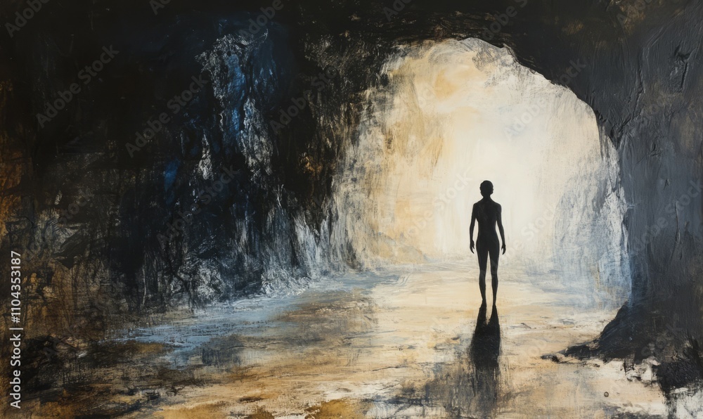 Obraz premium A figure stands in a cave, evoking the image of David seeking refuge from Saul