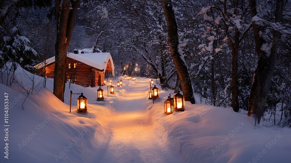 snowy forest road illuminated by lantern snowy forest road illuminated by lantern