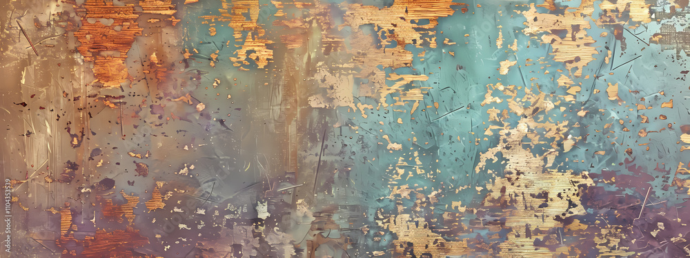 Obraz premium An abstract pattern featuring warm bronze and cool turquoise tones, with textures resembling peeling paint and various markings, creating a weathered look.