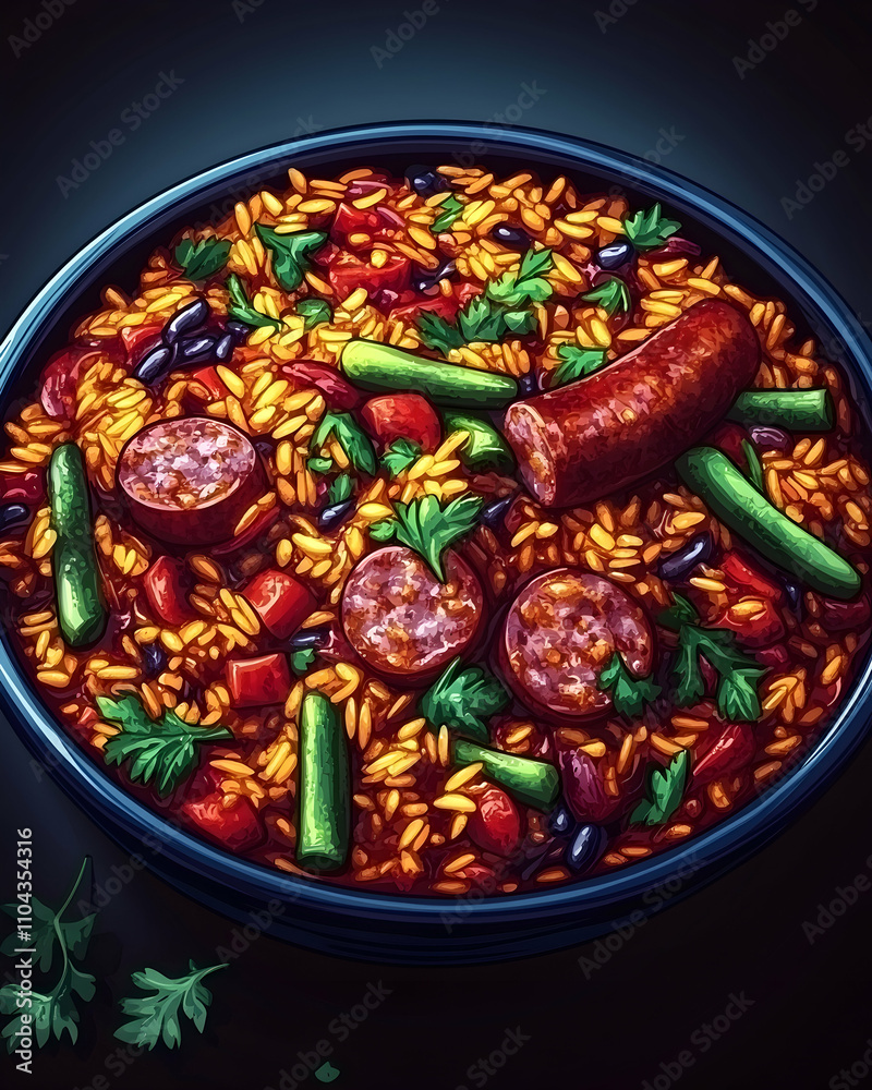 Delicious rice dish with sausage, beans, and vegetables in a dark bowl. Delicious rice dish with sausage, beans, and vegetables in a dark bowl.