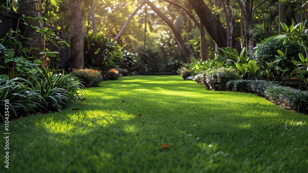 A lush green lawn with a path through it A lush green lawn with a path through it
