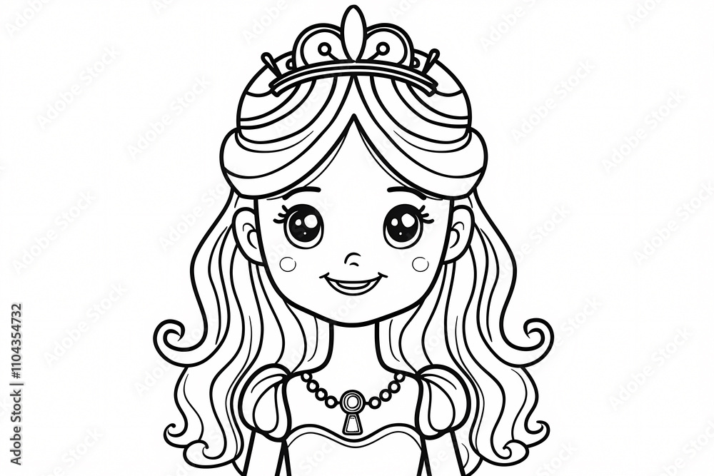 A cheerful young girl with flowing hair and a crown, ready for coloring. Perfect for creative activities for children. A cheerful young girl with flowing hair and a crown, ready for coloring. Perfect for creative activities for children.