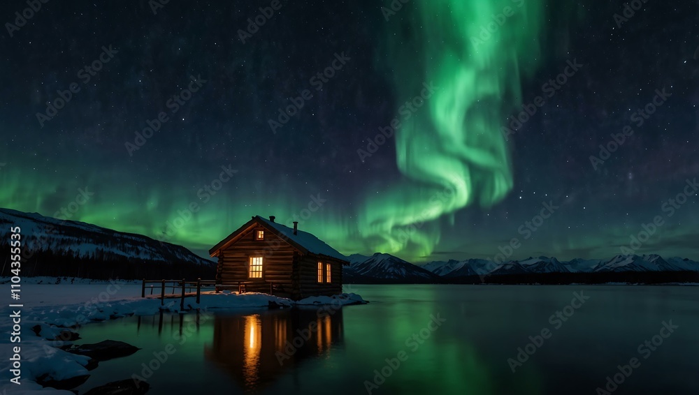 Fototapeta premium Cabin by the lake under the Northern Lights.