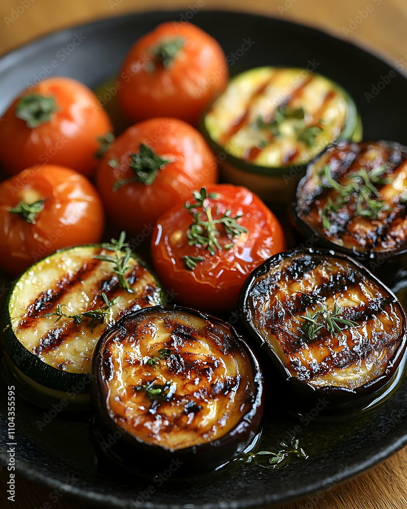 Grilled vegetables eggplant, zucchini, and tomatoes arranged on a dark plate, garnished with thyme. Grilled vegetables eggplant, zucchini, and tomatoes arranged on a dark plate, garnished with thyme.