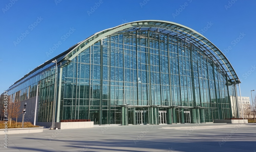 A large glass building with a large entrance A large glass building with a large entrance