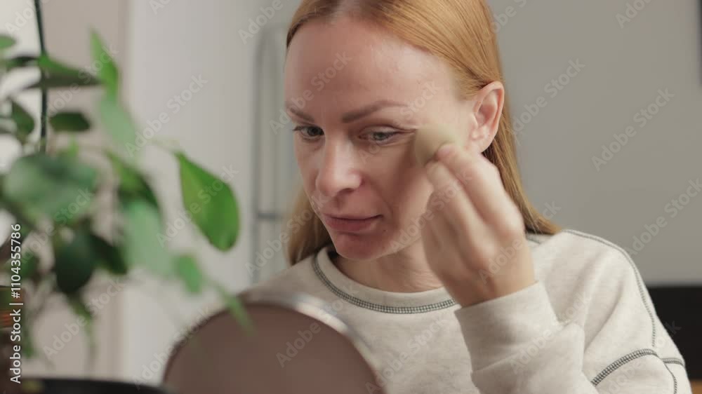 Middle-aged woman applying foundation with a makeup sponge while gazing into a mirror. The scene reflects a moment of self-care and beauty routine in a warm bathroom ambiance