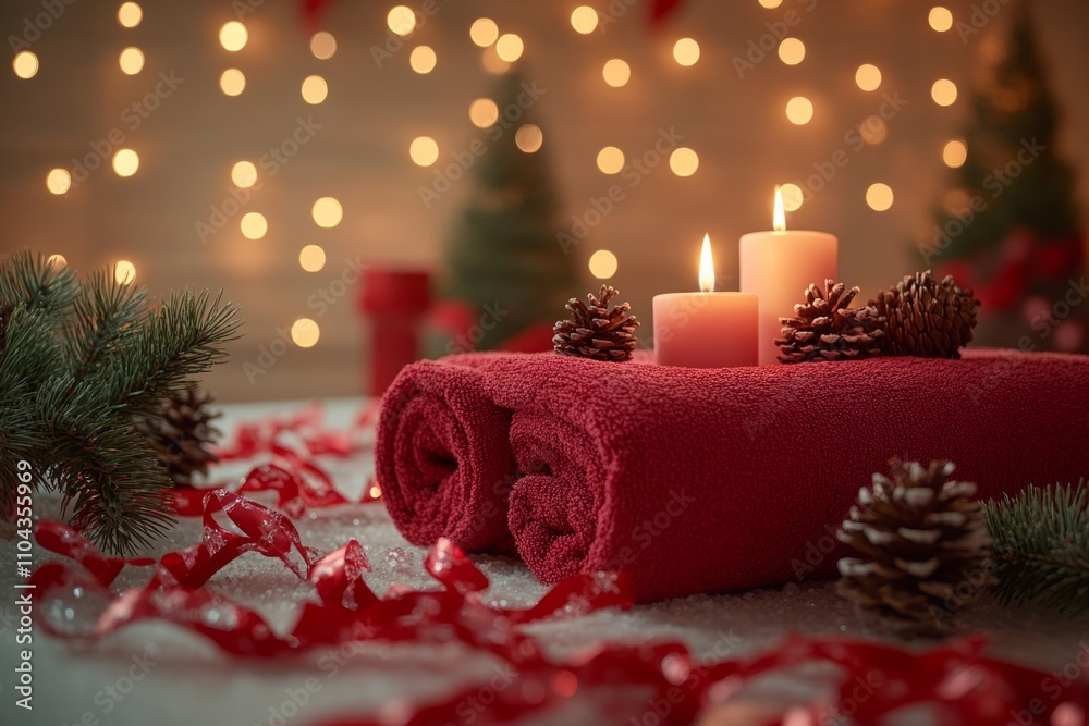 Cozy christmas setting with candles, pinecones, and red towels Cozy christmas setting with candles, pinecones, and red towels
