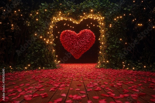 A pathway of red petals leading to a heart-shaped arch covered in ivy and fairy lights,