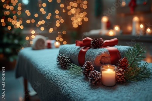 Cozy winter spa ambiance with candles and festive decor on massage table