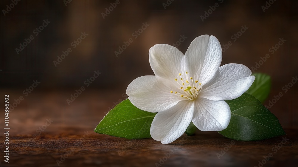Closeup of a Delicate White Flower with Lush Green Leaves on a Dark Wooden Surface. A Stunning Floral Still Life in Soft Lighting. A Perfect Image for Nature Lovers. Closeup of a Delicate White Flower with Lush Green Leaves on a Dark Wooden Surface. A Stunning Floral Still Life in Soft Lighting. A Perfect Image for Nature Lovers.