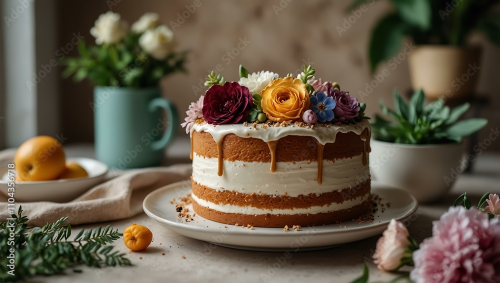 custom made wallpaper toronto digitalCake decorated with flowers, surrounded by plants and a cup.