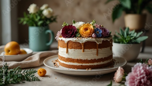 Wallpaper Mural Cake decorated with flowers, surrounded by plants and a cup. Torontodigital.ca