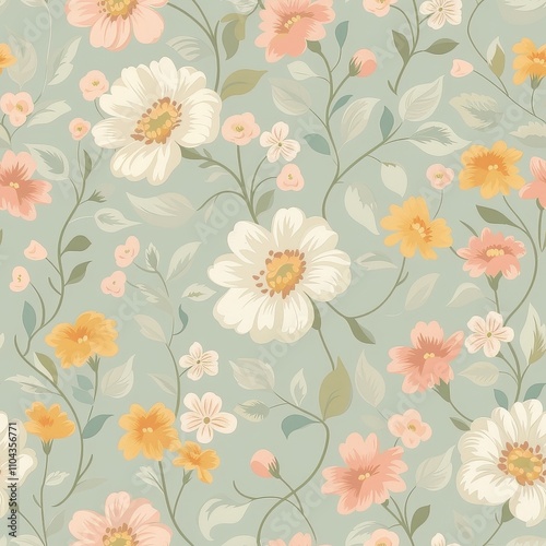 Wallpaper Mural Shabby Chic Floral Pattern in Muted Pastels Torontodigital.ca