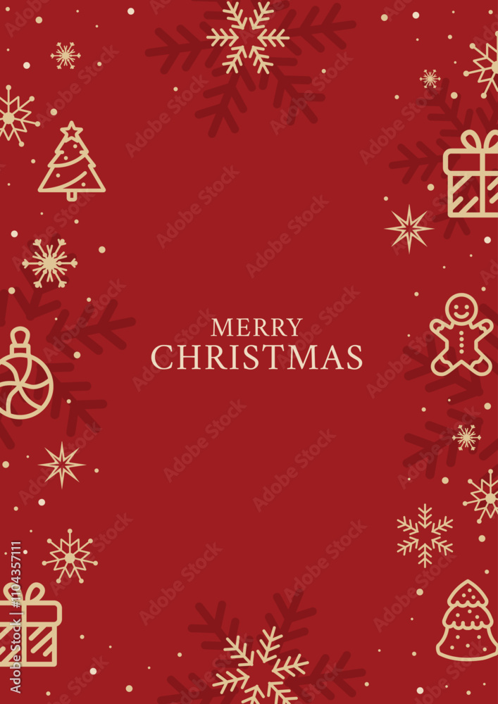 Elegant red christmas greeting card with gold snowflakes, xmas trees, gingerbread men, and gifts for sending holiday greetings. Elegant red christmas greeting card with gold snowflakes, xmas trees, gingerbread men, and gifts for sending holiday greetings.