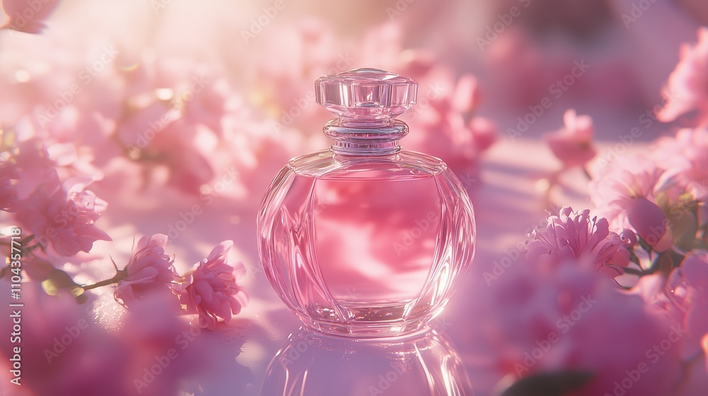 Perfume bottle on a pink background with flowers. Perfume bottle on a pink background with flowers.