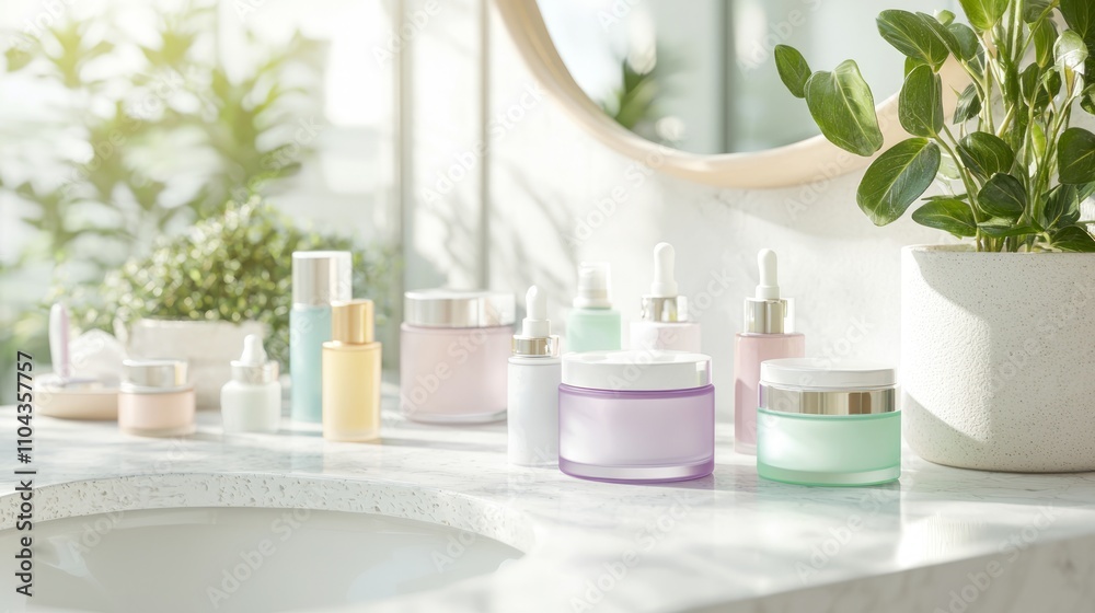 Fototapeta premium Radiant Skincare: Anti-Aging Ritual in Pastel Bathroom Setting with Colorful Bottles and Natural Light