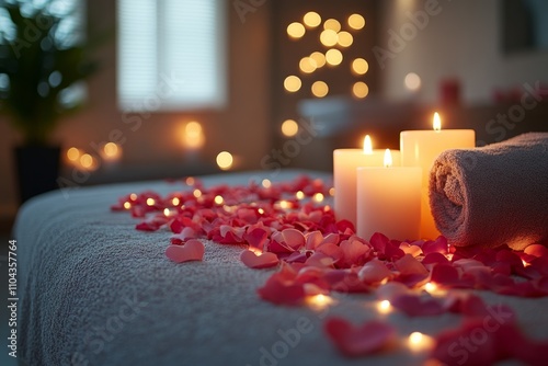 Relaxing spa ambiance with candles and rose petals on massage table