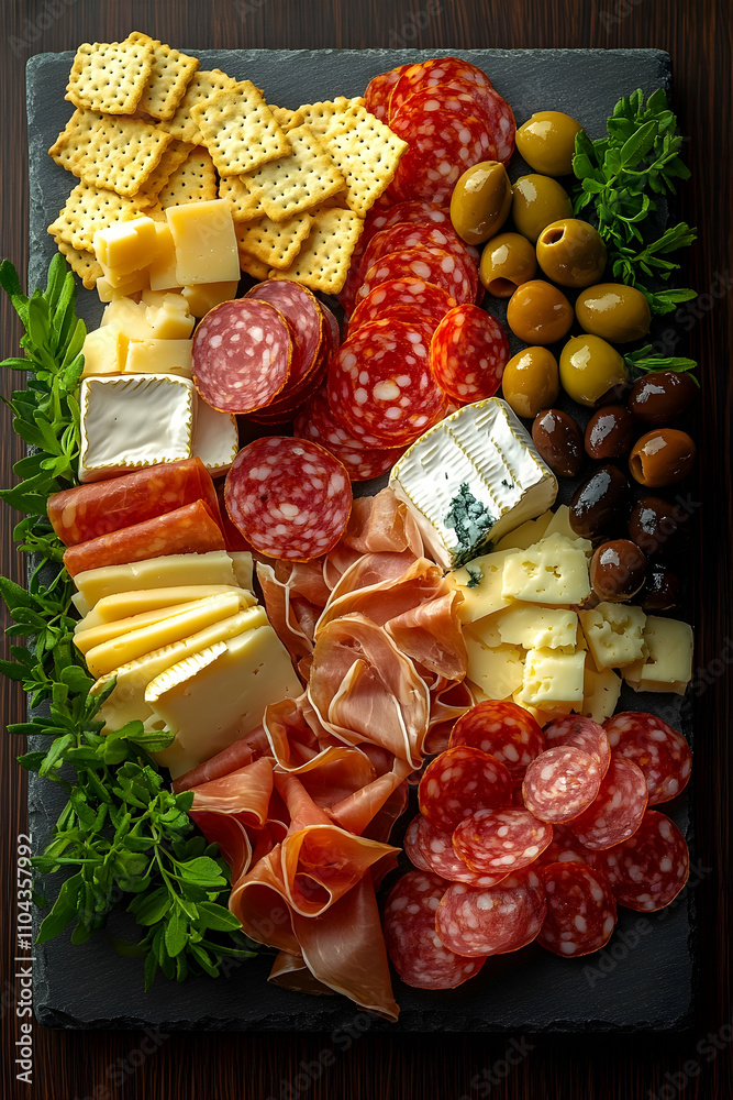 Overhead shot of a charcuterie board with assorted meats, cheeses, crackers, and olives. Overhead shot of a charcuterie board with assorted meats, cheeses, crackers, and olives.