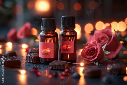 Romantic evening setup with candles, roses, chocolates, and essential oils