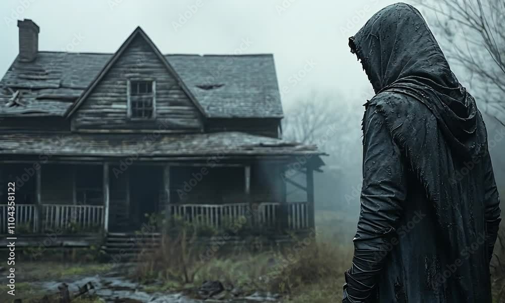 A mysterious figure stands before an abandoned, weathered house in a foggy, overgrown landscape. A mysterious figure stands before an abandoned, weathered house in a foggy, overgrown landscape.