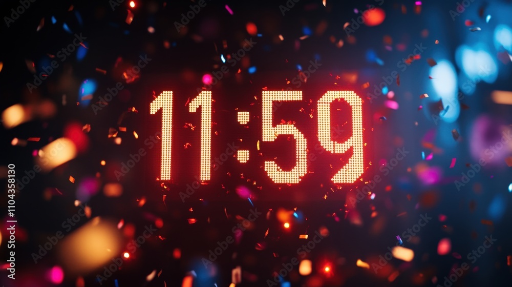 Eleven fifty nine displayed amidst falling confetti Eleven fifty nine displayed amidst falling confetti